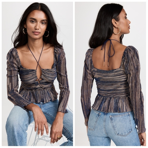Saylor Kamara Metallic Long Sleeve Halter Neck Blouse XS Indigo Blue Gold - Picture 1 of 12